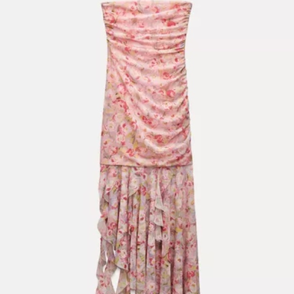 Zara Tulle Floral Pink Strapless Dress